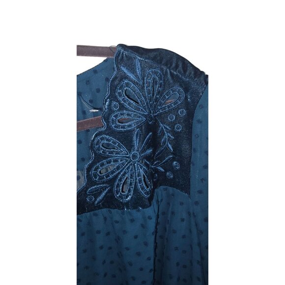 Blue Polka Dot Sheer Blouse With Velvet & Embroidered Floral Accents 3/4 Sleeves - Picture 5 of 6